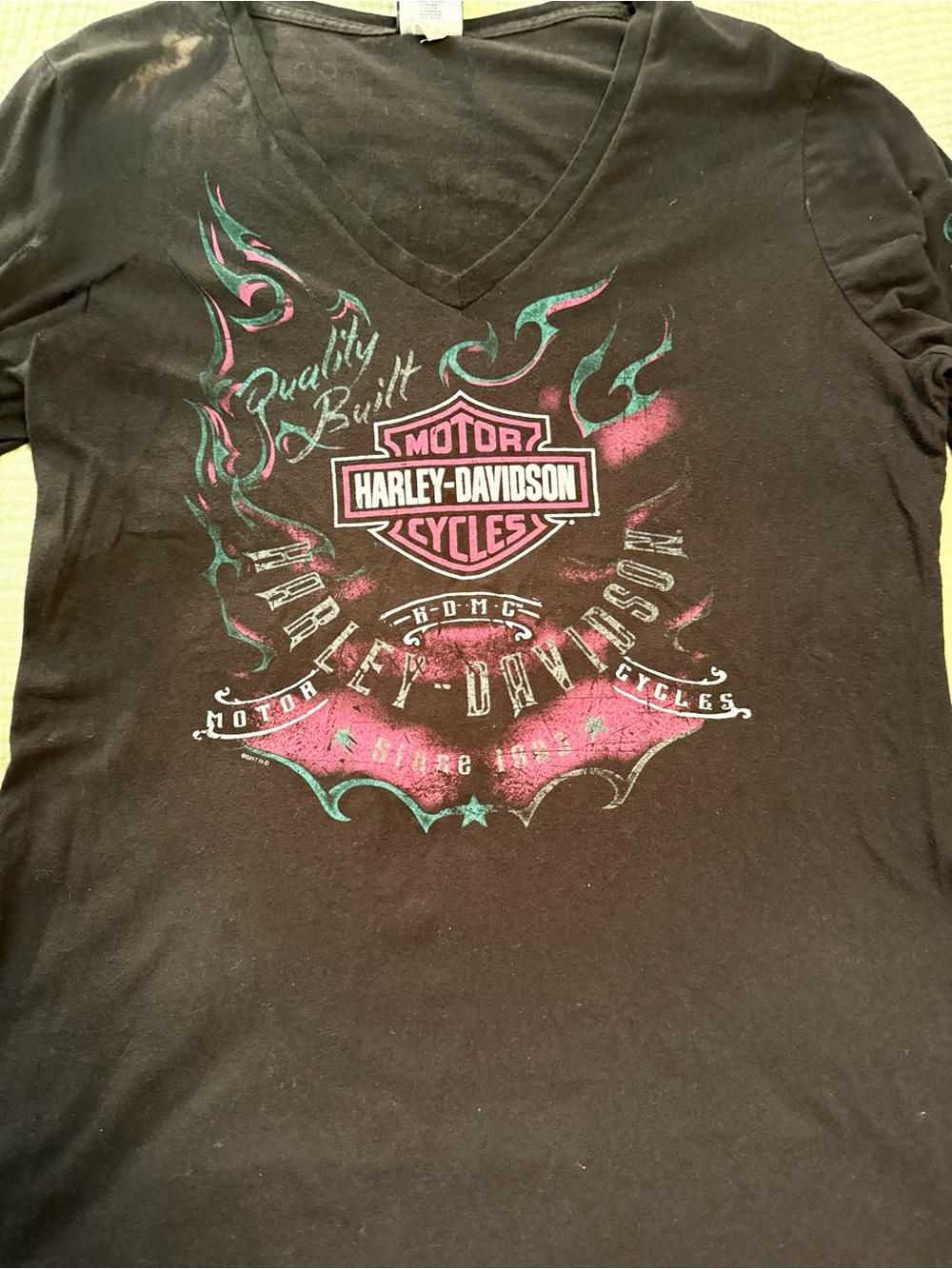 Harley-Davidson Black V‑Neck Graphic Tee with Pink & Teal Logo